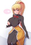  ... 1girl black_bodysuit blonde_hair blue_eyes blush bodysuit breasts commentary_request curvy darkness_(konosuba) hair_ornament heart highres kono_subarashii_sekai_ni_shukufuku_wo! large_breasts long_hair looking_at_viewer nipples open_mouth ponpo ponytail red_ribbon ribbon sitting smile solo torn_bodysuit torn_clothes x_hair_ornament 