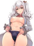  1girl black_panties blue_eyes breasts buttons collarbone collared_shirt commentary_request from_below gloves grey_shirt hair_between_eyes highres kantai_collection kashima_(kantai_collection) large_breasts long_sleeves looking_at_viewer navel no_bra open_clothes open_shirt panties panty_pull parted_lips pulled_by_self red_neckwear shirt sidelocks silver_hair solo takase_muu twintails twitter_username underwear wavy_hair white_gloves 