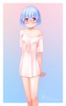  1girl aposine artist_name bare_shoulders blue_hair blush breasts collarbone commentary dollar_sign glasses highres looking_at_viewer original red_eyes shirt short_hair short_sleeves small_breasts smile solo watermark web_address white_shirt 