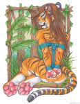  anthro anyare black_lips bound butt felid female fur grass green_eyes hands_behind_back hindpaw leaf lips mammal nude orange_body orange_fur pantherine pawpads paws pink_nose pink_pawpads rear_view sitting solo striped_body striped_fur stripes tiger whiskers 