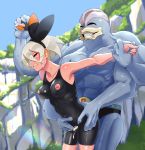 1girl abs blue_skin clenched_teeth closed_eyes clothed_sex dark_skin drooling extra_arms gen_1_pokemon hands_on_another&#039;s_waist highres holding_hands kilesha leotard machamp open_mouth pokemon pokemon_(game) pokemon_swsh saitou_(pokemon) short_hair silver_hair teeth 