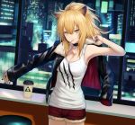  1girl animal_ears arknights arm_up armpits bangs bare_shoulders black_nails blonde_hair blush breasts cleavage coffee_cup collarbone cowboy_shot cup cutoffs disposable_cup fur-trimmed_jacket fur-trimmed_shorts fur_trim hair_between_eyes high_ponytail highres jacket large_breasts leather leather_jacket lion_ears lion_girl long_hair long_sleeves looking_at_viewer mouth_hold outstretched_arm ponytail red_shorts shirt short_shorts shorts sidelocks siege_(arknights) sleeveless sleeveless_shirt solo studded_choker tank_top tsuchifumazu white_tank_top yellow_eyes 