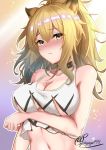  1girl animal_ears arknights artist_name bangs bare_arms bare_shoulders beige_background black_choker blonde_hair blush breast_hold breasts choker cleavage commentary crop_top eyebrows_visible_through_hair gradient gradient_background hair_between_eyes highres kouno_(uiyoyo199) large_breasts lion_ears long_hair looking_at_viewer midriff navel nose_blush outline ponytail purple_background siege_(arknights) signature solo stomach symbol_commentary tank_top upper_body white_outline white_tank_top yellow_eyes 