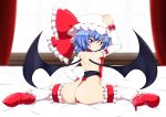  1girl ass bare_shoulders bat_wings bed blue_hair blush breasts choker curtains eyebrows_visible_through_hair frilled_hat frills from_behind hat high_heels highres kagayama_hajime looking_at_viewer on_bed panties red_footwear red_neckwear red_panties remilia_scarlet ribbon shiny shiny_hair short_hair small_breasts solo thighhighs thong touhou underwear white_legwear window wings 