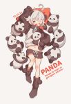  1girl absurdres ahoge animal animal_ears arm_up black_eyes black_footwear black_shorts boots commentary_request dated grey_background highres long_sleeves looking_at_viewer lying midriff navel on_back one_eye_closed open_mouth original panda panda_ears personification pillow raglan_sleeves romaji_text shiraho_(color-56) short_hair shorts sleeves_past_fingers sleeves_past_wrists solo sweatshirt wavy_mouth white_hair zipper_pull_tab 