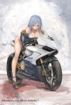  1girl bare_legs bare_shoulders bent_over bikini black_jacket blue_eyes blue_hair breasts cleavage commentary_request ducati emori_miku emori_miku_project full_body ground_vehicle hair_ornament highres jacket large_breasts long_hair long_legs long_sleeves looking_at_viewer motor_vehicle motorcycle nihoshi_(bipedal_s) off_shoulder sandals smile solo straddling string_bikini swimsuit thighs watermark white_bikini 