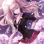  1girl artist_name blue_eyes bow breasts bunny_hair_ornament cherry_blossoms cleavage commentary_request cosplay danganronpa danganronpa_1 enoshima_junko enoshima_junko_(cosplay) freckles hair_bow hair_ornament ikusaba_mukuro long_hair looking_at_viewer medium_breasts moon necktie night outdoors pink_hair skirt sleeves_rolled_up smile solo spoilers translation_request twintails z-epto_(chat-noir86) 