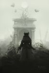  1boy back black_coat black_gloves bloodborne coat dual_wielding eldritch_abomination floating gloves gun hat highres holding holding_gun holding_sword holding_weapon male_focus monochrome moon scenery signature solo standing sword tentacles tripdancer weapon 