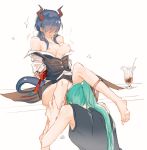  2girls aqua_hair arknights arms_behind_back back bare_shoulders barefoot blue_hair blush bound bound_arms breasts ch&#039;en_(arknights) cup dragon_horns dragon_tail drinking_glass hair_over_eyes highres horns hoshiguma_(arknights) implied_cunnilingus low_twintails multiple_girls nipples off_shoulder open_mouth panties panties_around_one_leg ponytail red_panties sitting skirt sleeveless tail twintails underwear uniform yichuan yuri 