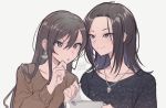  2girls :o bang_dream! bangs black_eyes black_hair black_shirt brown_shirt clenched_hand clipboard collarbone dated earrings green_eyes grey_background hanazono_tae holding jewelry layer_(bang_dream!) long_hair long_sleeves multiple_girls no_bangs parted_hair pendant shiontaso shirt simple_background smile upper_body v-shaped_eyebrows 