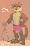  2020 2:3 anthro briefs bulge camera canid canine clothed clothing digital_media_(artwork) eyebrows fur hi_res kusy looking_at_viewer male mammal nipples one_eye_closed pubes recording shfunk text topless underwear wink 