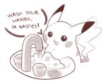  :3 :d artsy-rc bubble english_text faucet gen_1_pokemon greyscale highres looking_at_viewer monochrome no_humans open_mouth pikachu pokemon simple_background smile soap solo speech_bubble white_background 