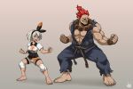  1boy 1girl barefoot beads black_bodysuit bodysuit bodysuit_under_clothes breasts brown_gloves clenched_hands covered_navel crossover dark_skin dougi eyebrows_visible_through_hair fang fighting_stance front-tie_top gloves gouki grey_hair gym_leader height_difference highres jmg knee_pads medium_breasts muscle no_eyebrows no_pupils padded_gloves pectorals pokemon pokemon_(game) pokemon_swsh prayer_beads print_shorts red_eyes red_hair saitou_(pokemon) shorts single_glove sleeveless street_fighter sweat topknot 
