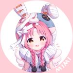  1girl :d akane_mimi animal_ears animal_hat bandaged_ear bandaged_hands bandages bangs blush bow braid brown_eyes bunny_ears bunny_hair_ornament bunny_hat character_name eyebrows_visible_through_hair fake_animal_ears fake_wings flying_sweatdrops hair_ornament hands_up hat long_hair looking_at_viewer low_twintails open_mouth parted_bangs pink_background pink_capelet pink_hair pink_headwear princess_connect! princess_connect!_re:dive smile solo tokenbox twin_braids twintails two-tone_background white_background white_bow white_wings wings 