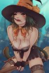  1girl animal_ears black_legwear blue_eyes blurry blurry_background breasts broom broom_riding brown_hair cat_ears cat_tail choker cleavage commission english_commentary facial_mark final_fantasy final_fantasy_xiv fingerless_gloves flying gloves hat jack-o&#039;-lantern leaning_forward lips long_hair looking_at_viewer medium_breasts miqo&#039;te one-piece_swimsuit slit_pupils solo soranamae strapless strapless_swimsuit swimsuit tail thighhighs wavy_hair whisker_markings witch witch_hat 