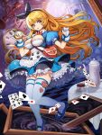  1girl alice_(wonderland) alice_in_wonderland between_breasts blonde_hair bow breasts card checkered checkered_floor clock dress goomrrat hair_bow hair_ornament hairband large_breasts long_hair looking_at_viewer open_mouth original over-kneehighs pantyhose ribbon shoes solo strap_between_breasts tagme thighhighs watch zettai_ryouiki 