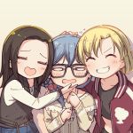 3girls =_= ^_^ ayasaka bang_dream! bangs beige_background black-framed_eyewear black_hair black_shirt black_vest blonde_hair blue_hair bracelet closed_eyes commentary_request crop_top facing_viewer flying_sweatdrops glasses grin group_picture hair_over_shoulder hand_on_another&#039;s_chin hand_on_another&#039;s_head heart-shaped_mouth jacket jewelry layer_(bang_dream!) lock_(bang_dream!) long_hair long_sleeves low-tied_long_hair masking_(bang_dream!) multiple_girls no_bangs parted_hair print_scrunchie red_jacket scrunchie shirt short_hair smile star star_print track_jacket upper_body v-shaped_eyebrows vest white_shirt 
