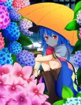  1girl aqua_flower artist_request blue_flower blue_hair blue_skirt blush boots bow bowtie brown_footwear commentary_request cross-laced_footwear eyebrows_visible_through_hair flower hat highres hinanawi_tenshi holding holding_umbrella knee_boots lace-up_boots leaf looking_at_viewer mechanical_pencil pencil pink_flower puffy_short_sleeves puffy_sleeves purple_flower red_eyes red_neckwear short_sleeves skirt smile solo squatting touhou umbrella 