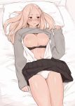  1girl blonde_hair bra bra_lift breasts cleavage clothes_lift hair_ornament hairclip highres jeff_macanoli large_breasts long_hair open_clothes open_shirt original shirt sweater sweater_lift underwear white_shirt 