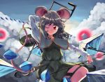  1girl animal_ears arm_behind_head arms_up basket blue_capelet blue_sky capelet cloud danmaku day dowsing_rod dress grey_dress grey_hair highres holding_rod leg_lift long_sleeves looking_at_viewer mouse mouse_ears mouse_tail nazrin one_eye_closed outdoors red_eyes shirt short_hair sky smile solo sunyup tail touhou white_shirt 