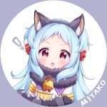  ! 1girl animal_ear_fluff animal_ears bangs bell black_hairband blue_hair blush bow character_name dress drooling eyebrows_visible_through_hair fake_animal_ears food fur_collar gloves grey_background grey_gloves hair_bow hairband holding holding_food izumo_miyako long_hair looking_at_viewer open_mouth parted_bangs paw_gloves paws princess_connect! princess_connect!_re:dive pudding red_bow red_eyes saliva solo tokenbox two-tone_background two_side_up upper_teeth v-shaped_eyebrows white_background white_dress 