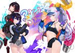  3girls absurdres adjusting_clothes adjusting_hat ahoge anniversary bangs baseball_cap black_hair black_shorts blue_eyes blue_hair breasts bronya_zaychik commentary_request copyright_name crossed_bangs dociracira drill_hair earrings graffiti grey_eyes hat highres homu_(honkai_impact) honkai_(series) honkai_impact_3rd jacket jewelry long_hair long_sleeves looking_at_viewer midriff multicolored_hair multiple_girls navel off_shoulder paint_splatter red_eyes red_hair seele_vollerei shoes shorts sideboob sidelocks silver_hair smile sneakers spray_can spray_paint twin_drills two-tone_hair veliona very_long_hair 