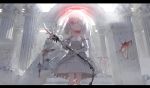  1girl backlighting blood bow bowtie commentary_request dress elbow_gloves eyepatch gloves halo highres letterboxed looking_at_viewer mace original red_eyes red_neckwear ruins samidare skull smile solo veil weapon white_dress white_gloves white_hair 