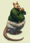  anthro belly blush bottomless brown_body brown_fur burger butt chubby-shark claws clothed clothing eating embarrassed food fur holding_food holding_object male mammal moobs murid murine navel obese obese_male overweight overweight_male rat rodent shirt_pull smile solo standing thick_thighs toe_claws wide_hips 