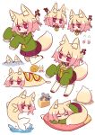  6+girls :o animal_ear_fluff animal_ears animalization bangs blonde_hair blush brown_footwear cheese chibi closed_mouth commentary concrete corndog eyebrows_visible_through_hair fish food fox_ears fox_girl fox_tail green_shirt grey_hair hair_between_eyes hair_bun hair_ornament highres hiss kemomimi-chan_(naga_u) kneeling long_sleeves minigirl mouse_ears mouse_girl mouse_tail multiple_girls naga_u nezumimi-chan_(naga_u) objectification open_mouth original parted_lips pillow pleated_skirt purple_skirt red_eyes ribbon-trimmed_legwear ribbon_trim shirt simple_background skirt sleeping sleeves_past_fingers sleeves_past_wrists snail sparkle splashing standing tail thighhighs v-shaped_eyebrows water wavy_mouth white_background white_legwear 