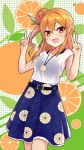  1girl absurdres arms_up belt blue_skirt commentary contrapposto cowboy_shot double_v eyebrows_visible_through_hair food food_print fruit fruit_background hair_bun highres hinatsuki_mikan jewelry looking_at_viewer machikado_mazoku medium_hair one_side_up open_mouth orange orange_eyes orange_hair orange_print orange_slice pendant peppertomo polka_dot polka_dot_background shirt skirt sleeveless sleeveless_shirt solo standing upper_teeth v white_shirt 