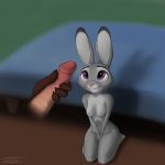  1:1 anthro antira breasts disembodied_hand disembodied_penis disney duo female genitals hi_res humanoid_genitalia humanoid_penis judy_hopps kneeling lagomorph leporid looking_at_penis looking_up male mammal masturbation nipples nude penile penile_masturbation penis rabbit signature solo_focus zootopia 