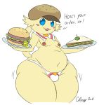  blue_eyes bulge burger burgermon cheese_cake clothing digimon digimon_(species) english_text food food_creature hat headgear headwear hi_res male navel plates sandwich_(disambiguation) simple_background slightly_chubby solo tan_body text thong underwear 