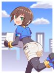  1girl aile blush bodystocking bracelet brown_hair cloud cougar1404 green_eyes hair_between_eyes jewelry looking_at_viewer looking_back open_mouth puffy_short_sleeves puffy_sleeves robot_ears rockman rockman_zx short_hair short_sleeves shorts sky smile solo white_shorts 