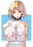 1girl apron aqua_eyes blonde_hair blue_background border breasts cleavage collar curvy ear_piercing highres huge_breasts masao mature naked_apron nipples original piercing short_hair solo tongue tongue_out white_border 