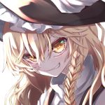  1girl black_vest blonde_hair commentary_request fall_dommmmmer hair_between_eyes hat head_tilt high_collar kirisame_marisa long_hair looking_at_viewer shaded_face shirt sidelighting simple_background sneer solo touhou upper_body very_long_hair vest white_background white_shirt witch_hat yellow_eyes 