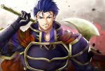  1boy axe belt blue_armor blue_eyes blue_hair cape delsaber fire_emblem fire_emblem:_the_blazing_blade gloves grin hector_(fire_emblem) looking_at_viewer red_cape scratches smile 