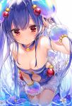  1girl :o bangs blue_hair blush bow breasts cleavage commentary_request detached_sleeves emia_(castilla) eyebrows_visible_through_hair flower flower_on_liquid frilled_skirt frills hair_between_eyes hair_ornament hand_on_thigh highres leaning_forward long_hair looking_at_viewer navel noa_(shironeko_project) parted_lips puffy_short_sleeves puffy_sleeves purple_bow red_eyes see-through see-through_sleeves shironeko_project short_sleeves skirt small_breasts solo standing transparent two_side_up very_long_hair wading water wet wet_hair white_background white_flower white_skirt 