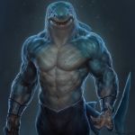  1:1 2020 absurd_res anthro biceps bottomwear claws clothed clothing digital_media_(artwork) fingers fish hi_res looking_at_viewer male marine markings muscular muscular_male navel nipples open_mouth pecs scar shark sharp_teeth simple_background skintight_clothing solo taran_fiddler teeth topless vein 