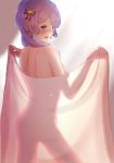  1girl :o absurdres back bernadetta_von_varley blush bow breasts commentary_request earrings embarrassed fingernails fire_emblem fire_emblem:_three_houses full-face_blush hair_bow hair_ornament highres holding_sheet indoors jewelry light_rays looking_at_viewer looking_back medium_breasts medium_hair naked_sheet nude open_mouth partial_commentary parupome purple_eyes purple_hair revision see-through_silhouette sideboob silhouette solo standing 