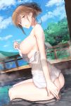  1girl ahoge ashiyu blue_sky blush breasts brown_eyes brown_hair cloud day hair_between_eyes highres kantai_collection large_breasts mountain naked_towel onsen open_mouth pallad rock shinshuu_maru_(kantai_collection) short_hair sideboob sitting sky solo towel tree 