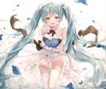  1girl :d aqua_eyes aqua_hair bare_shoulders blue_flower bouquet bow bowtie breasts dress elbow_gloves flower gloves hatsune_miku highres holding long_hair looking_at_viewer medium_breasts miku_symphony_(vocaloid) open_mouth petals pleated_dress r_o_ha sleeveless sleeveless_dress smile solo thighhighs twintails very_long_hair vocaloid white_dress white_gloves white_legwear zettai_ryouiki 