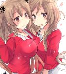  2girls bangs blonde_hair braid breasts brown_eyes cherry_blossoms commentary_request eyebrows_visible_through_hair hair_between_eyes hair_flaps hair_ribbon heterochromia highres hirune_(konekonelkk) kantai_collection large_breasts light_brown_hair long_hair long_sleeves looking_at_viewer minegumo_(kantai_collection) multiple_girls murasame_(kantai_collection) open_mouth petals red_eyes red_shirt remodel_(kantai_collection) ribbon shirt sidelocks simple_background smile twin_braids white_background 