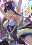  1girl armpits arms_up backlighting bangs bare_shoulders black_hair black_leotard blue_eyes blunt_bangs blush breasts cleavage closed_mouth coattails covered_navel detached_collar elbow_gloves gen_4_pokemon gloves gradient_gloves gym_leader headphones highres kamitsure_(pokemon) leotard long_hair medium_breasts orange_gloves pokemon pokemon_(game) pokemon_bw pokemon_masters rotom shiny shiny_skin single_sidelock smile thighs uenoryoma very_long_hair 
