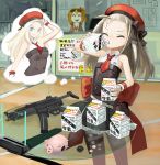  1girl belt_pouch beret blonde_hair blue_eyes bow closed_eyes coin commentary_request double-breasted dress drinking facing_viewer fingernails flat_chest girls_frontline glass_table gun h&amp;k_mp5 hat hat_bow highres holding imagining kalina_(girls_frontline) kesomaru long_hair milk milk_carton mp5_(girls_frontline) necktie piggy_bank pouch red_headwear red_neckwear ribbon short_necktie sleeveless sleeveless_dress solo submachine_gun table thought_bubble weapon wrist_ribbon 