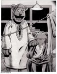  2020 amphibian angel big_nose black_and_white border bruce_mccorkindale clothed clothing crossover desk duo fozzie_bear frog furniture greyscale hi_res it&#039;s_a_wonderful_life kermit_the_frog lamp looking_at_viewer male mammal monochrome muppet muppets parody signature ursid white_border window 