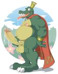  anti_dev balls belly big_belly big_penis bodily_fluids cape clothing crocodilian crown donkey_kong_(series) genital_fluids genitals hi_res humanoid_genitalia humanoid_penis king_k._rool kremling looking_at_viewer male musclegut nintendo nude penis precum reptile scalie sharp_teeth solo teeth tongue tongue_out video_games wide_eyed 