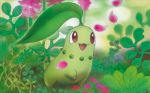  :d chikorita commentary english_commentary gen_2_pokemon grass green_theme kusube_aya multiple_sources no_humans official_art open_mouth petals plant pokemon pokemon_trading_card_game smile solo standing third-party_source 