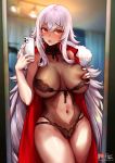  1girl artist_name azur_lane bangs black_swimsuit blush breast_grab breasts breasts_apart cameltoe cape cellphone commentary_request crossed_bangs eyebrows_visible_through_hair foxy_rain fur-trimmed_cape fur_trim grabbing graf_zeppelin_(azur_lane) graf_zeppelin_(beachside_urd)_(azur_lane) hair_between_eyes highres indoors large_breasts long_hair looking_at_viewer mirror navel navel_cutout one-piece_swimsuit open_mouth partial_commentary patreon_username phone red_cape red_eyes reflection see-through self_shot signature silver_hair smartphone solo standing swimsuit thigh_gap very_long_hair wide_hips 