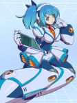  1girl android armored_boots bangs blue_background blue_bodysuit blue_eyes blue_hair blue_ribbon bodysuit boots breasts commentary_request eyebrows_visible_through_hair full_body gauntlets gloves gradient_hair hair_ribbon hand_up headset highres holding_tablet_pc large_breasts looking_at_viewer mitsunagami multicolored_hair necktie one_side_up orange_neckwear parted_lips ribbon rico_(rockman) robot_ears rockman rockman_x rockman_x_dive short_shorts shorts sidelocks smile solo tablet_pc transparent white_armor white_gloves white_shorts 