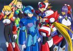  3boys 3girls alia_(rockman) android aqua_eyes armor armored_boots axl bangs black_background black_bodysuit blonde_hair blue_armor blue_background blue_bodysuit blue_eyes blue_headwear bodysuit boots breasts brown_bodysuit brown_hair commentary_request cowboy_shot dark_skin eyebrows_visible_through_hair forehead gauntlets gloves gradient gradient_background green_armor green_eyes grey_bodysuit grin hair_over_eyes hand_on_headphones hand_on_hip hand_up headphones helmet highres hime_cut large_breasts layer long_hair looking_at_viewer low_ponytail mitsunagami mole mole_under_eye multiple_boys multiple_girls outline palette_(rockman_x) parted_lips pink_armor profile purple_armor purple_hair red_armor robot_ears rockman rockman_x rockman_x8 scar shadow sidelocks small_breasts smile spiked_hair standing twintails white_armor white_gloves x_(rockman) zero_(rockman) 